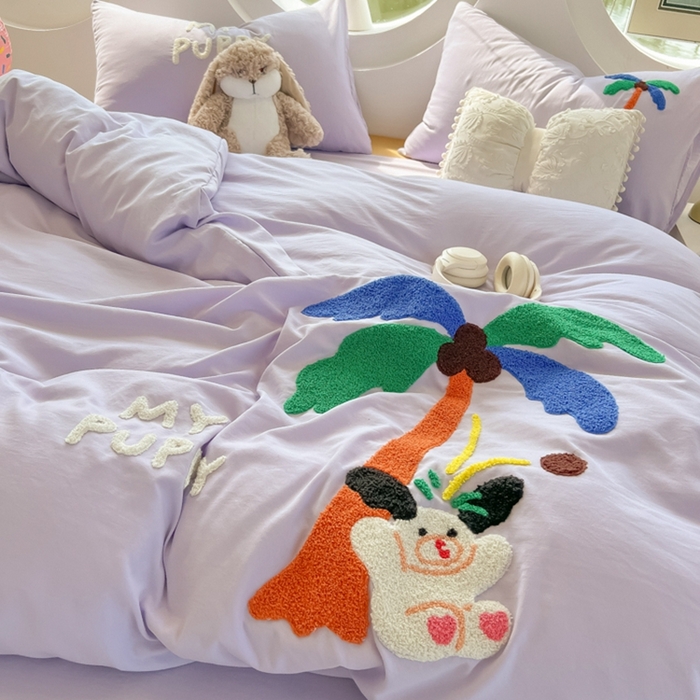 91家纺网 家纺一手货源 找家纺 韩巢家纺 2025新款毛巾绣四件套超柔水洗棉学生宿舍床上三件套（提供卖家秀） 椰子树