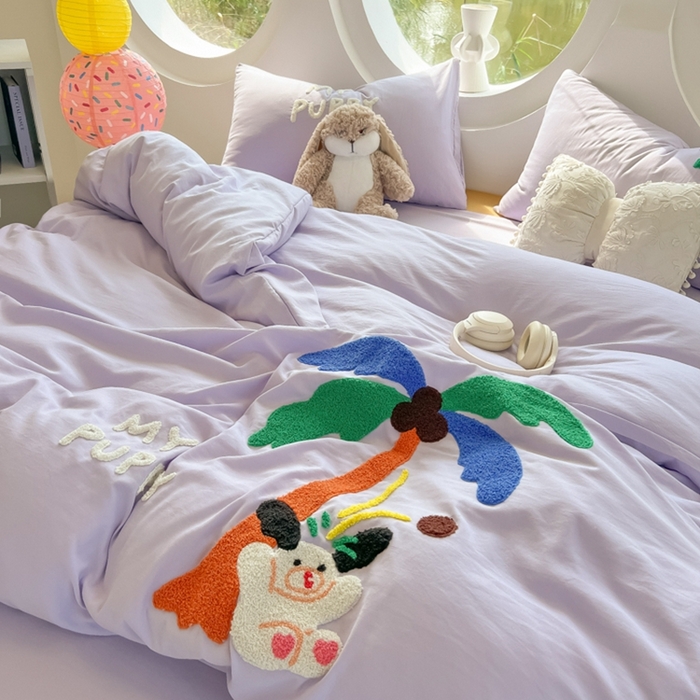 91家纺网 家纺一手货源 找家纺 韩巢家纺 2025新款毛巾绣四件套超柔水洗棉学生宿舍床上三件套（提供卖家秀） 椰子树