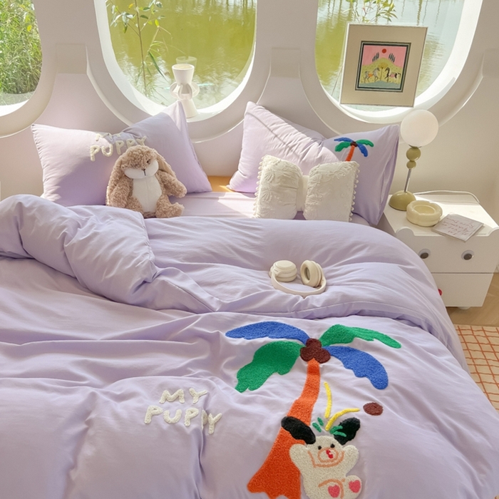 91家纺网 家纺一手货源 找家纺 韩巢家纺 2025新款毛巾绣四件套超柔水洗棉学生宿舍床上三件套（提供卖家秀） 椰子树