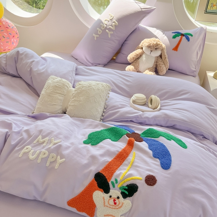 91家纺网 家纺一手货源 找家纺 韩巢家纺 2025新款毛巾绣四件套超柔水洗棉学生宿舍床上三件套（提供卖家秀） 椰子树