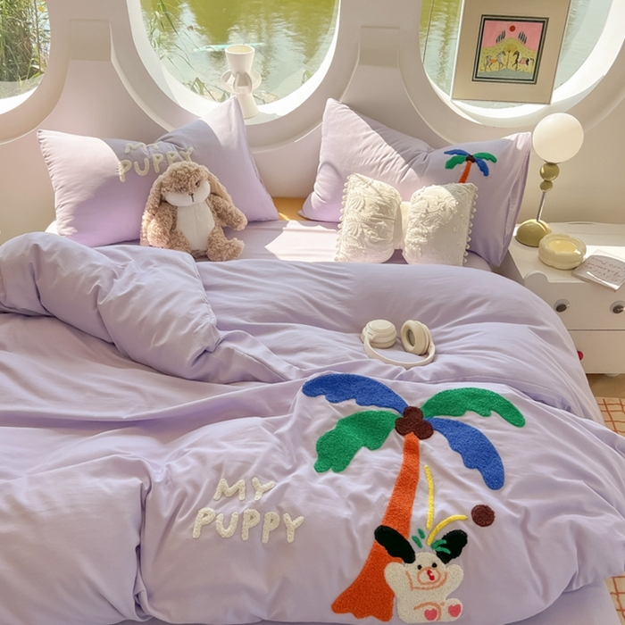 91家纺网 家纺一手货源 找家纺 韩巢家纺 2025新款毛巾绣四件套超柔水洗棉学生宿舍床上三件套（提供卖家秀） 椰子树