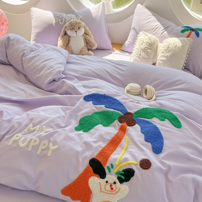 91家纺网 家纺一手货源 找家纺 韩巢家纺 2025新款毛巾绣四件套超柔水洗棉学生宿舍床上三件套（提供卖家秀） 椰子树