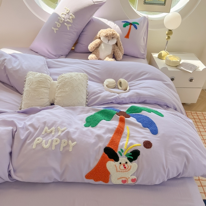 91家纺网 家纺一手货源 找家纺 韩巢家纺 2025新款毛巾绣四件套超柔水洗棉学生宿舍床上三件套（提供卖家秀） 椰子树