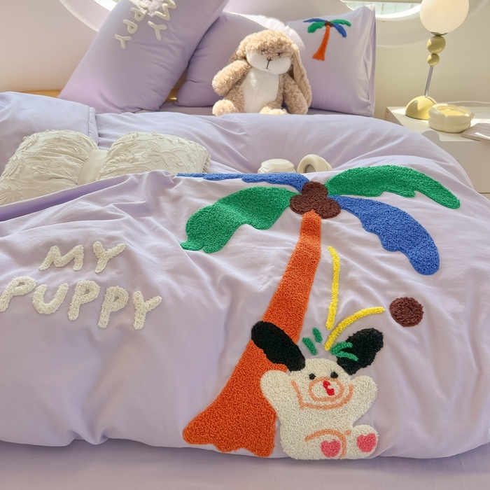 91家纺网 家纺一手货源 找家纺 韩巢家纺 2025新款毛巾绣四件套超柔水洗棉学生宿舍床上三件套（提供卖家秀） 椰子树