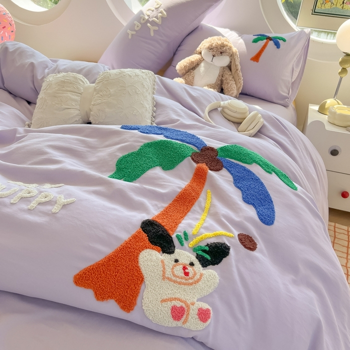 91家纺网 家纺一手货源 找家纺 韩巢家纺 2025新款毛巾绣四件套超柔水洗棉学生宿舍床上三件套（提供卖家秀） 椰子树