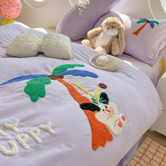 91家纺网 家纺一手货源 找家纺 韩巢家纺 2025新款毛巾绣四件套超柔水洗棉学生宿舍床上三件套（提供卖家秀） 椰子树