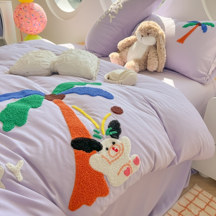 91家纺网 家纺一手货源 找家纺 韩巢家纺 2025新款毛巾绣四件套超柔水洗棉学生宿舍床上三件套（提供卖家秀） 椰子树