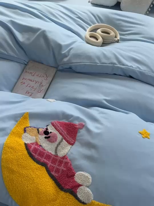 91家纺网 家纺一手货源 找家纺 韩巢家纺 2025新款毛巾绣四件套超柔水洗棉学生宿舍床上三件套（提供卖家秀） 晚安