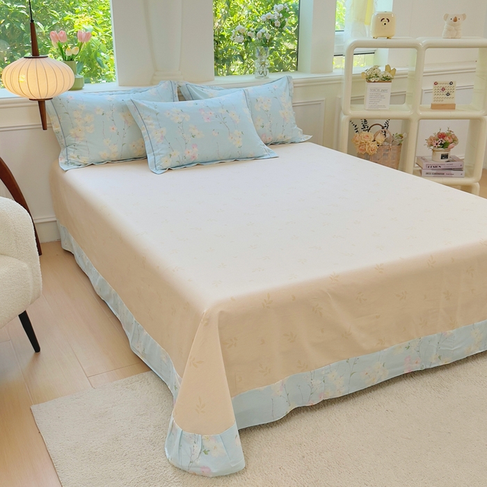 91家纺网 家纺一手货源 找家纺 铭博家纺 新款直播爆款网红全棉四件套13070印花吊边一字绣纯棉被套工艺款 沐兰花开