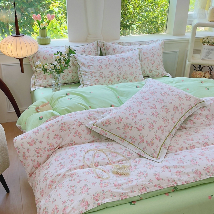 91家纺网 家纺一手货源 找家纺 铭博家纺 新款直播爆款网红全棉四件套13070印花吊边一字绣纯棉被套工艺款 韶棠-浅