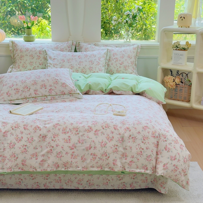 91家纺网 家纺一手货源 找家纺 铭博家纺 新款直播爆款网红全棉四件套13070印花吊边一字绣纯棉被套工艺款 韶棠-浅