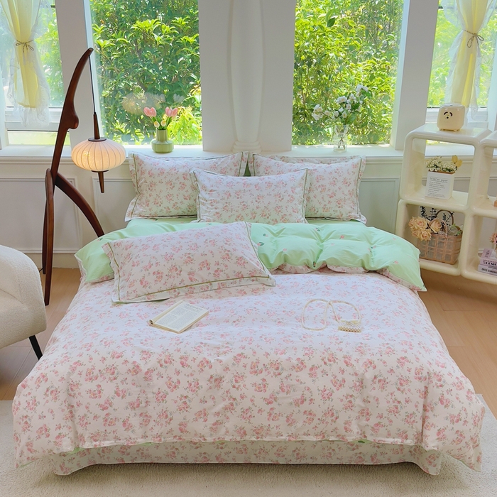 91家纺网 家纺一手货源 找家纺 铭博家纺 新款直播爆款网红全棉四件套13070印花吊边一字绣纯棉被套工艺款 韶棠-浅