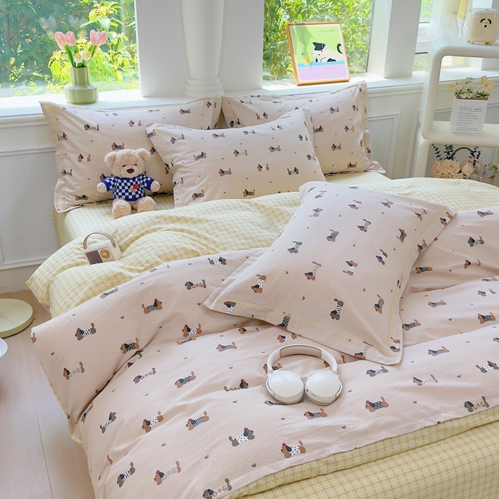 91家纺网 家纺一手货源 找家纺 铭博家纺 新款直播爆款网红全棉四件套13070印花吊边一字绣纯棉被套工艺款 无忧腊肠