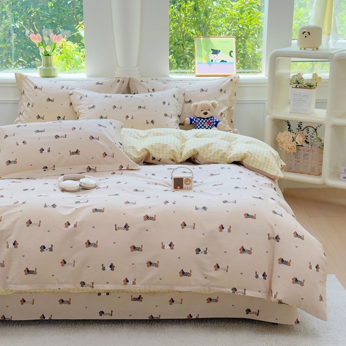 91家纺网 家纺一手货源 找家纺 铭博家纺 新款直播爆款网红全棉四件套13070印花吊边一字绣纯棉被套工艺款 无忧腊肠