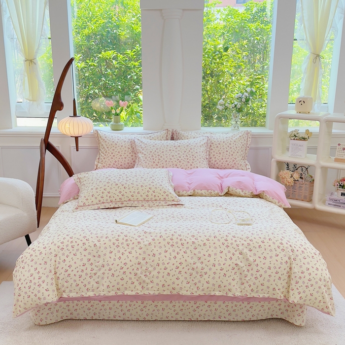 91家纺网 家纺一手货源 找家纺 铭博家纺 新款直播爆款网红全棉四件套13070印花吊边一字绣纯棉被套工艺款 细薇雨