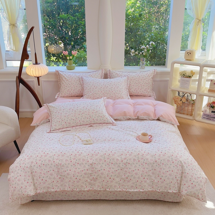 91家纺网 家纺一手货源 找家纺 铭博家纺 新款直播爆款网红全棉四件套13070印花吊边一字绣纯棉被套工艺款 绯恋