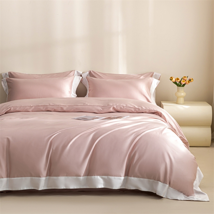 91家纺网 家纺一手货源 找家纺 晶缦家纺 2025新款纯棉全棉50支双股贡缎长绒棉拼边四件套 流光绮境-粉黛