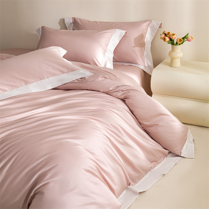 91家纺网 家纺一手货源 找家纺 晶缦家纺 2025新款纯棉全棉50支双股贡缎长绒棉拼边四件套 流光绮境-粉黛