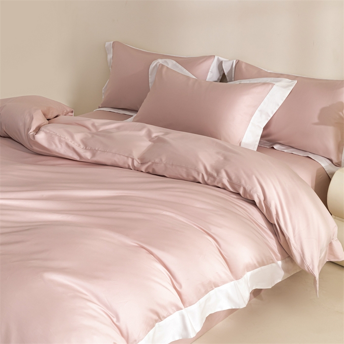 91家纺网 家纺一手货源 找家纺 晶缦家纺 2025新款纯棉全棉50支双股贡缎长绒棉拼边四件套 流光绮境-粉黛