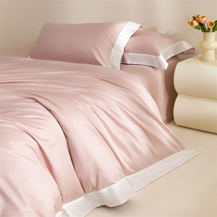 91家纺网 家纺一手货源 找家纺 晶缦家纺 2025新款纯棉全棉50支双股贡缎长绒棉拼边四件套 流光绮境-粉黛