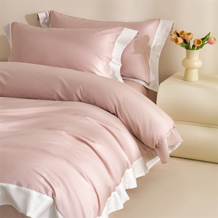 91家纺网 家纺一手货源 找家纺 晶缦家纺 2025新款纯棉全棉50支双股贡缎长绒棉拼边四件套 流光绮境-粉黛