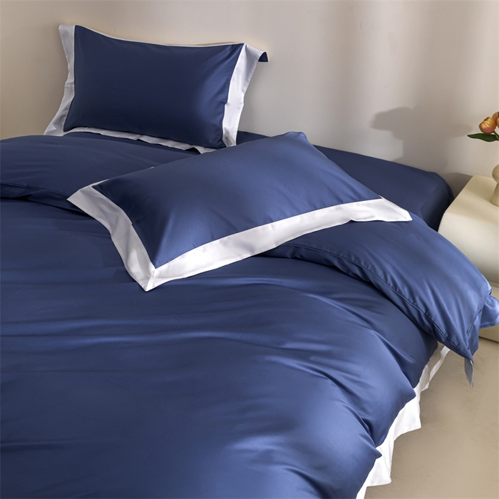 晶缦家纺 2025新款纯棉全棉50支双股贡缎长绒棉拼边四件套 流光绮境-霁蓝