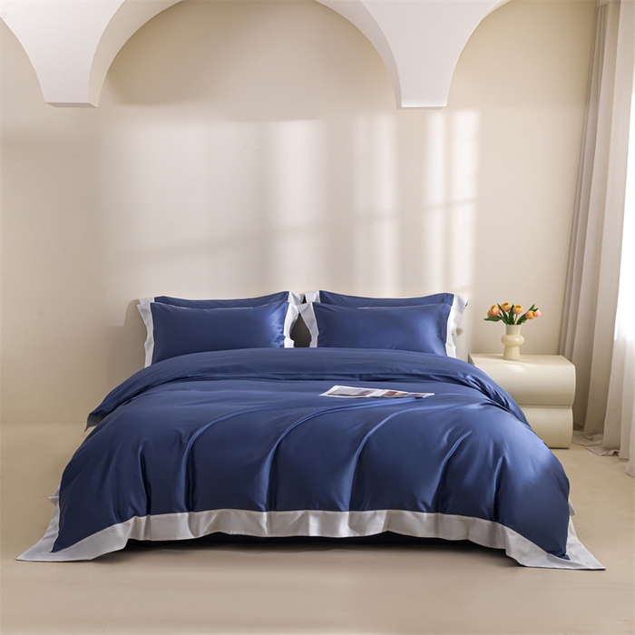 91家纺网 家纺一手货源 找家纺 晶缦家纺 2025新款纯棉全棉50支双股贡缎长绒棉拼边四件套 流光绮境-霁蓝