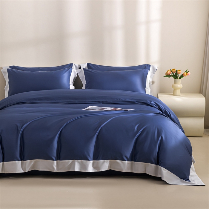 91家纺网 家纺一手货源 找家纺 晶缦家纺 2025新款纯棉全棉50支双股贡缎长绒棉拼边四件套 流光绮境-霁蓝