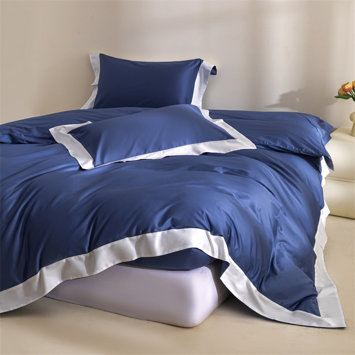 91家纺网 家纺一手货源 找家纺 晶缦家纺 2025新款纯棉全棉50支双股贡缎长绒棉拼边四件套 流光绮境-霁蓝