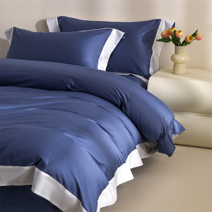 91家纺网 家纺一手货源 找家纺 晶缦家纺 2025新款纯棉全棉50支双股贡缎长绒棉拼边四件套 流光绮境-霁蓝