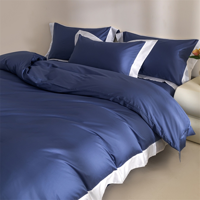 91家纺网 家纺一手货源 找家纺 晶缦家纺 2025新款纯棉全棉50支双股贡缎长绒棉拼边四件套 流光绮境-霁蓝