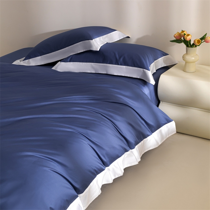 91家纺网 家纺一手货源 找家纺 晶缦家纺 2025新款纯棉全棉50支双股贡缎长绒棉拼边四件套 流光绮境-霁蓝