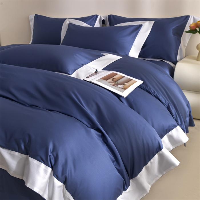 91家纺网 家纺一手货源 找家纺 晶缦家纺 2025新款纯棉全棉50支双股贡缎长绒棉拼边四件套 流光绮境-霁蓝