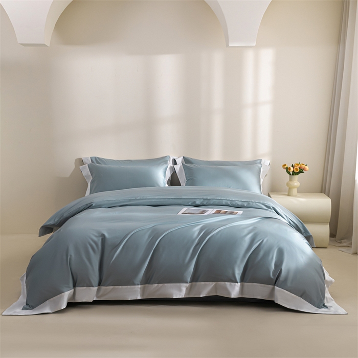 91家纺网 家纺一手货源 找家纺 晶缦家纺 2025新款纯棉全棉50支双股贡缎长绒棉拼边四件套 流光绮境-天青