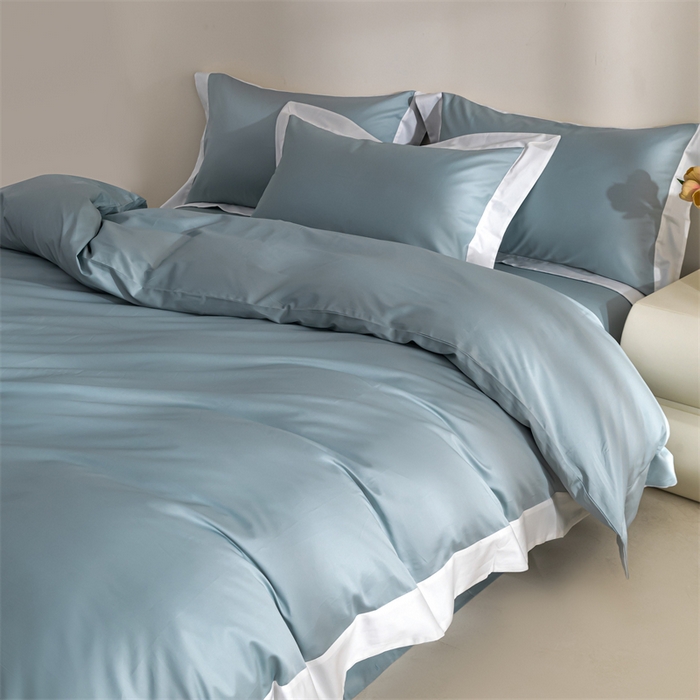 91家纺网 家纺一手货源 找家纺 晶缦家纺 2025新款纯棉全棉50支双股贡缎长绒棉拼边四件套 流光绮境-天青