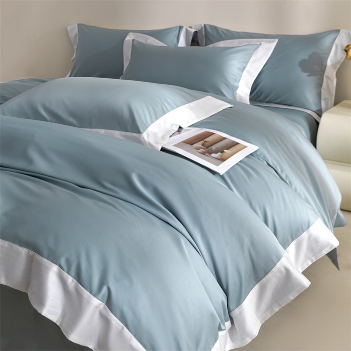 91家纺网 家纺一手货源 找家纺 晶缦家纺 2025新款纯棉全棉50支双股贡缎长绒棉拼边四件套 流光绮境-天青