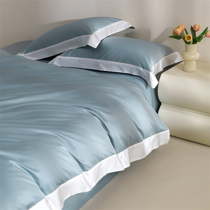 91家纺网 家纺一手货源 找家纺 晶缦家纺 2025新款纯棉全棉50支双股贡缎长绒棉拼边四件套 流光绮境-天青