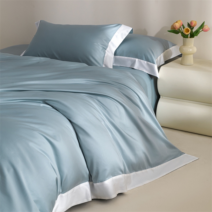 91家纺网 家纺一手货源 找家纺 晶缦家纺 2025新款纯棉全棉50支双股贡缎长绒棉拼边四件套 流光绮境-天青