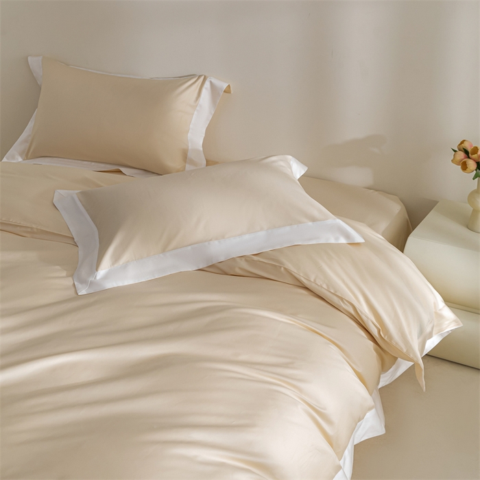 晶缦家纺 2025新款纯棉全棉50支双股贡缎长绒棉拼边四件套流光绮境- 缃月