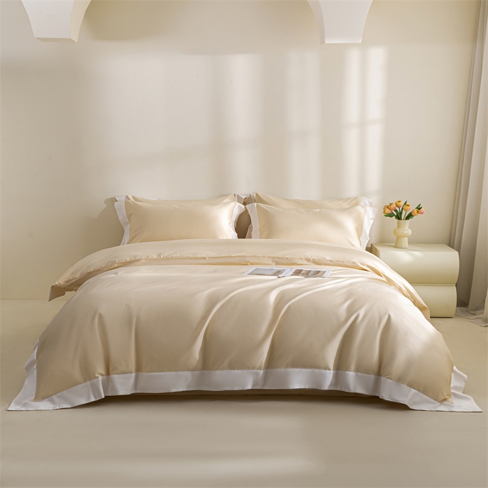 91家纺网 家纺一手货源 找家纺 晶缦家纺 2025新款纯棉全棉50支双股贡缎长绒棉拼边四件套 流光绮境-缃月