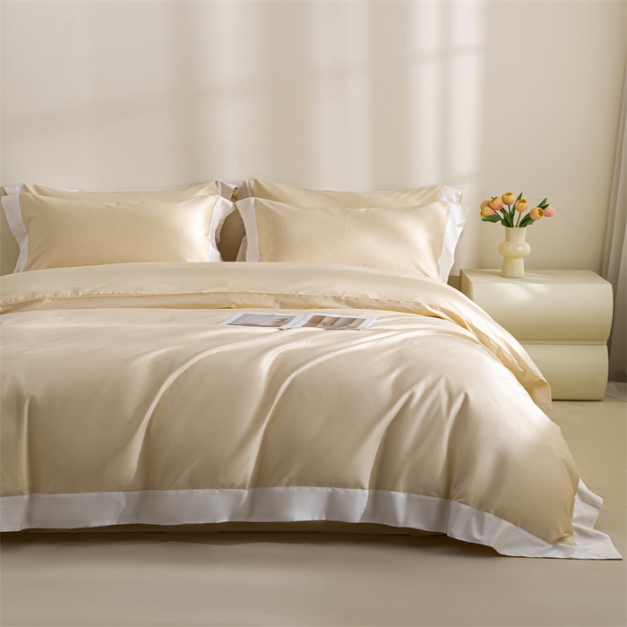 91家纺网 家纺一手货源 找家纺 晶缦家纺 2025新款纯棉全棉50支双股贡缎长绒棉拼边四件套 流光绮境-缃月