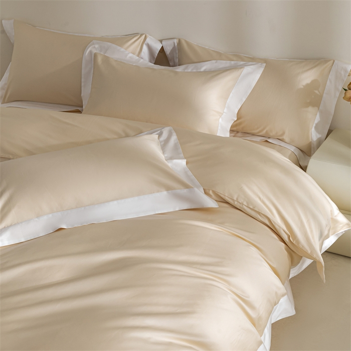 91家纺网 家纺一手货源 找家纺 晶缦家纺 2025新款纯棉全棉50支双股贡缎长绒棉拼边四件套 流光绮境-缃月