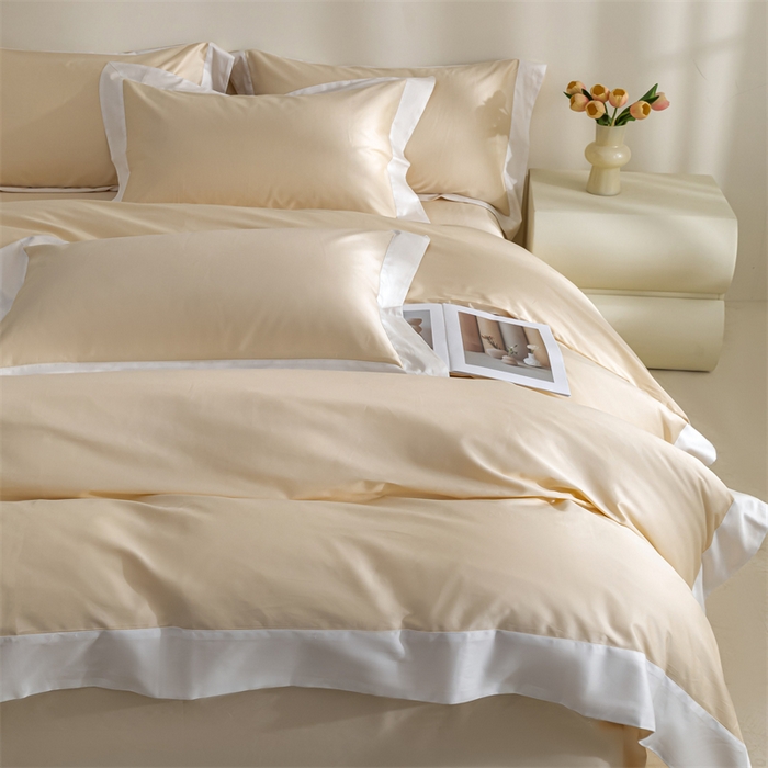 91家纺网 家纺一手货源 找家纺 晶缦家纺 2025新款纯棉全棉50支双股贡缎长绒棉拼边四件套 流光绮境-缃月