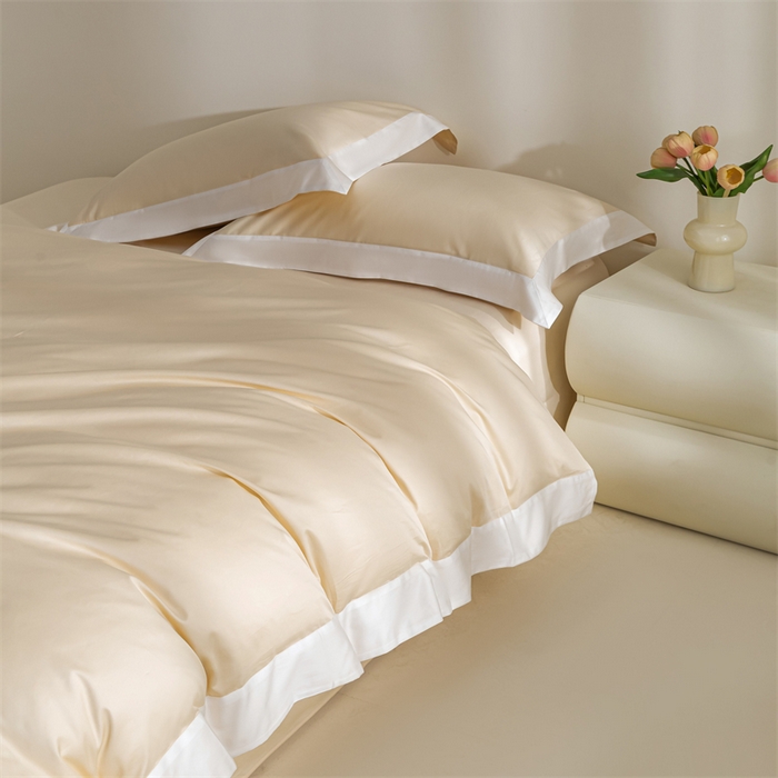 91家纺网 家纺一手货源 找家纺 晶缦家纺 2025新款纯棉全棉50支双股贡缎长绒棉拼边四件套 流光绮境-缃月