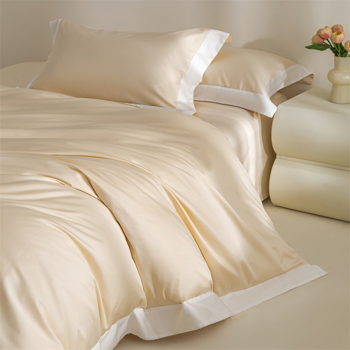 91家纺网 家纺一手货源 找家纺 晶缦家纺 2025新款纯棉全棉50支双股贡缎长绒棉拼边四件套 流光绮境-缃月