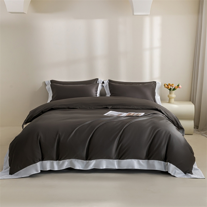 91家纺网 家纺一手货源 找家纺 晶缦家纺 2025新款纯棉全棉50支双股贡缎长绒棉拼边四件套 流光绮境-玄夜