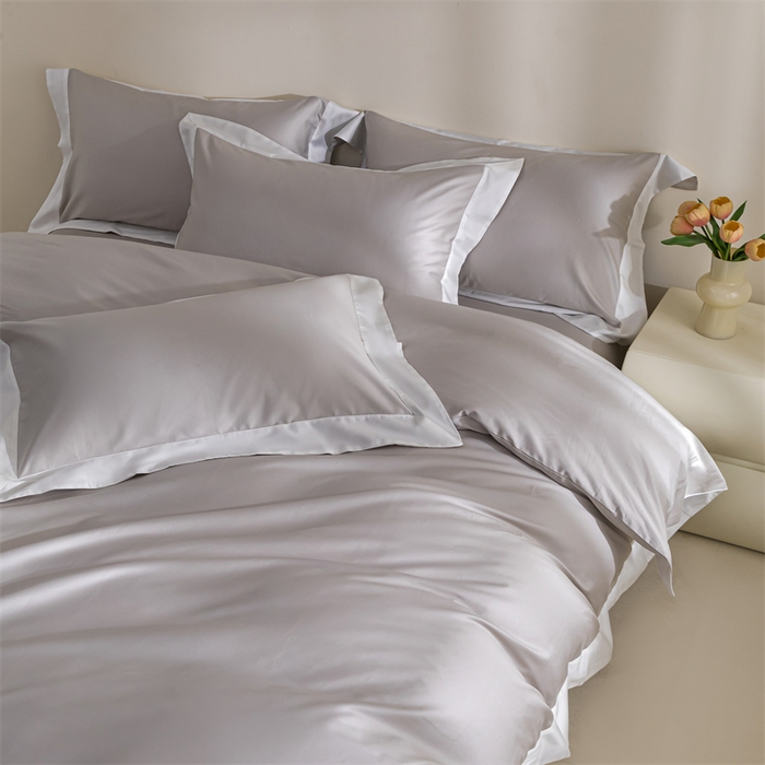 91家纺网 家纺一手货源 找家纺 晶缦家纺 2025新款纯棉全棉50支双股贡缎长绒棉拼边四件套 流光绮境-雅灰