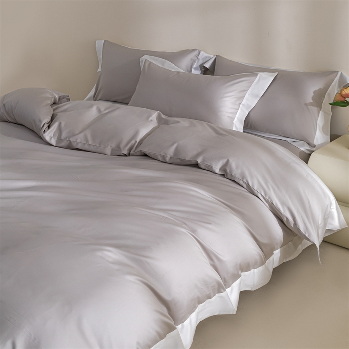 91家纺网 家纺一手货源 找家纺 晶缦家纺 2025新款纯棉全棉50支双股贡缎长绒棉拼边四件套 流光绮境-雅灰