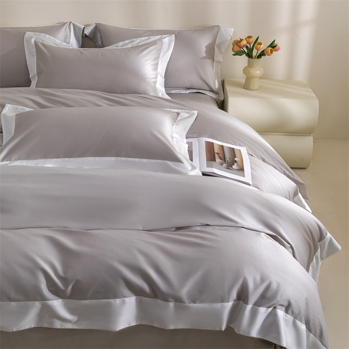 91家纺网 家纺一手货源 找家纺 晶缦家纺 2025新款纯棉全棉50支双股贡缎长绒棉拼边四件套 流光绮境-雅灰