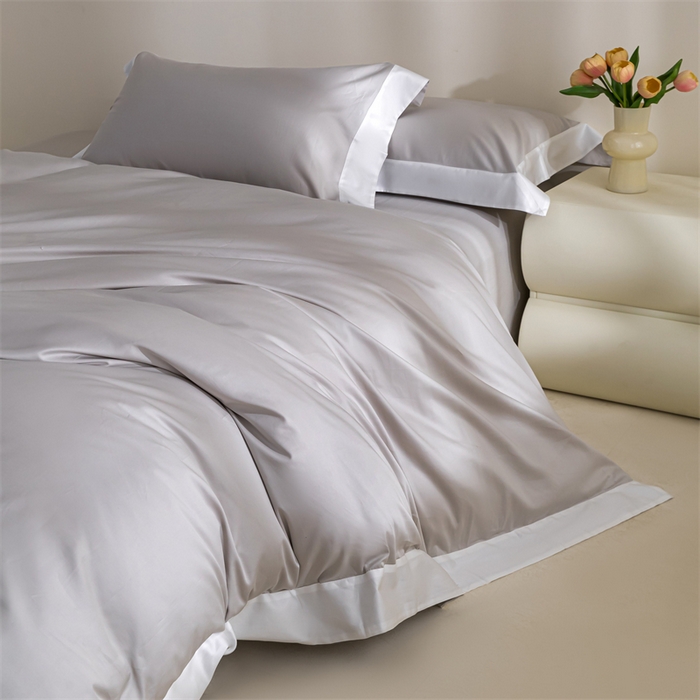 91家纺网 家纺一手货源 找家纺 晶缦家纺 2025新款纯棉全棉50支双股贡缎长绒棉拼边四件套 流光绮境-雅灰